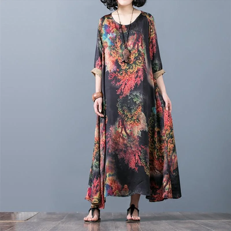 New red prints silk caftans casual asymmetric silk gown Fine o neck maxi dresses Cozy Ribbed Maxi Dress