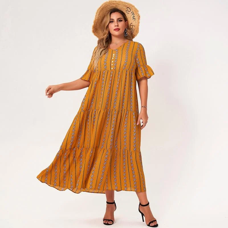 FashionSierra - Plus Size Yellow Geometry V-neck Half Flared Sleeves Button A-line Loose Bohemian Style Maxi Dresses Cozy Longline Maxi Dress