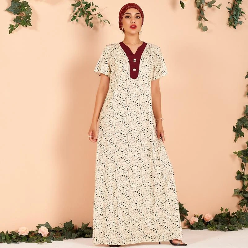 FashionSierra - New Summer Long Dress Women Apricot Floral Print Chiffon Vintage V-neck Short Sleeve Arab Robes Loose Party Maxi Dresses Cozy Knit Maxi Dress