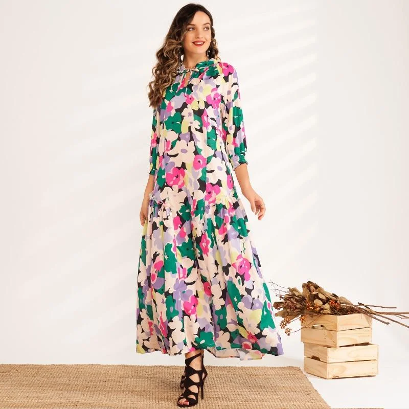 FashionSierra - New Summer Maxi Dress Women Multicolor Floral Printing 3/4 Sleeve Bow Tie Collar A-line Bohemian Elegant Holiday Style Robe Fashionable Chiffon Maxi Dress