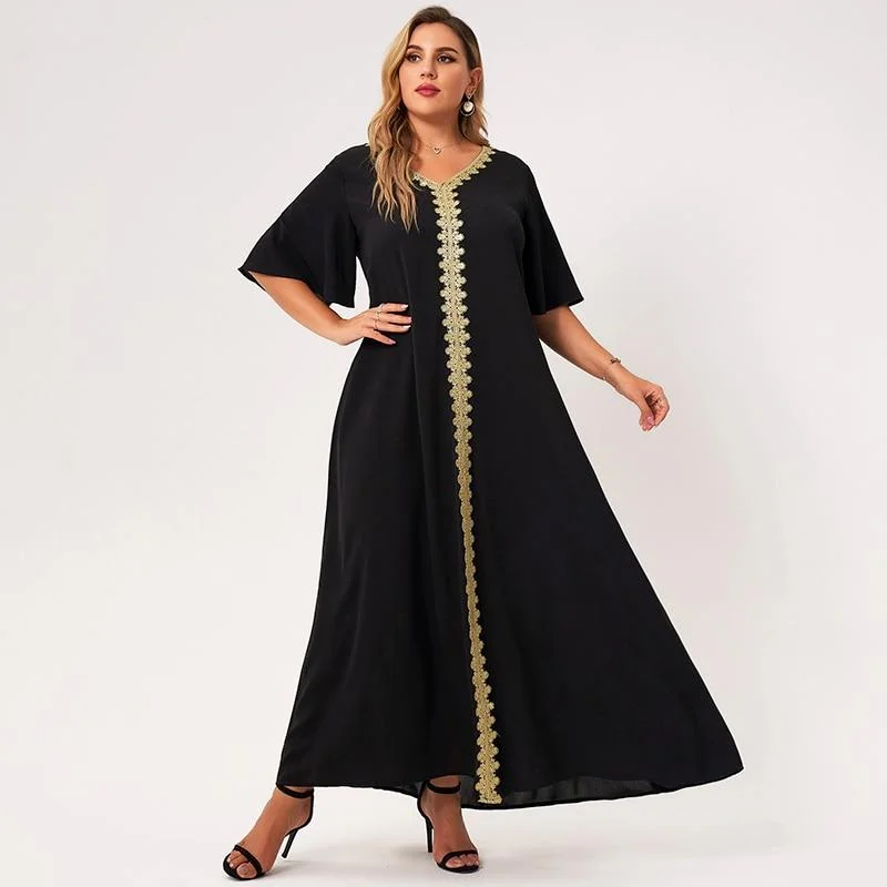 FashionSierra - Maxi Dress Women Plus Size Black Loose Embroidery Selvedge Hemmed V-neck Ruffle Half Sleeve Elegant Vintage Robe Cozy Cold-Shoulder Maxi Dress