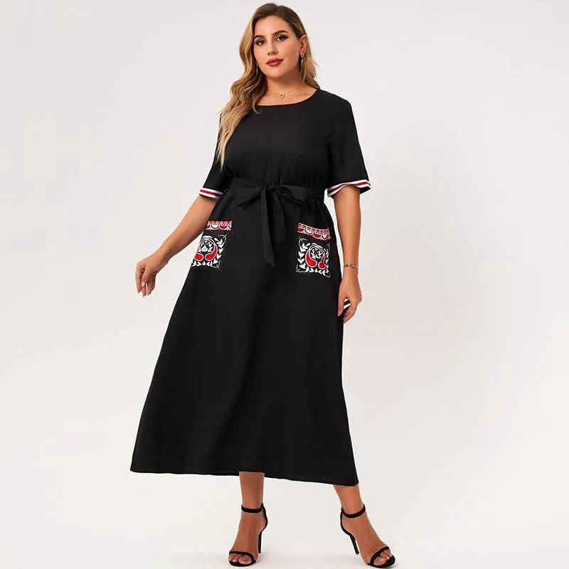 FashionSierra - Summer Maxi Dress Women Plus Size Black Loose Pockects Plant Hand-painted Print Striped Short Sleeve Large Party Robes Chic Summer Floral Maxi Dress