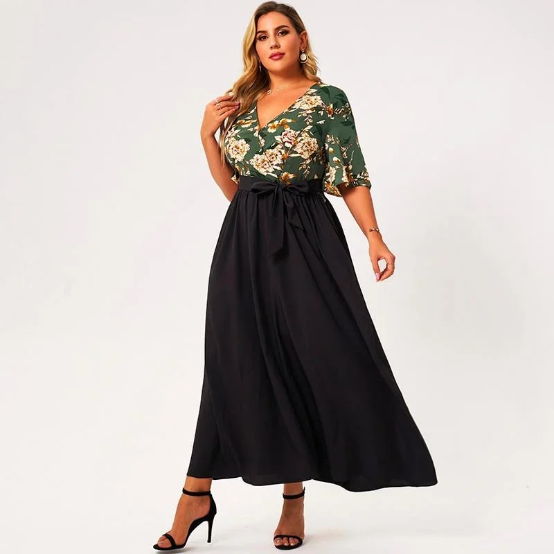 FashionSierra - Summer Maxi Dress Women Plus Size Green And Black Loose Floral Print Belt Half Sleeve V-neck Holiday Casual Large Robes Classic A-Line Maxi Dress