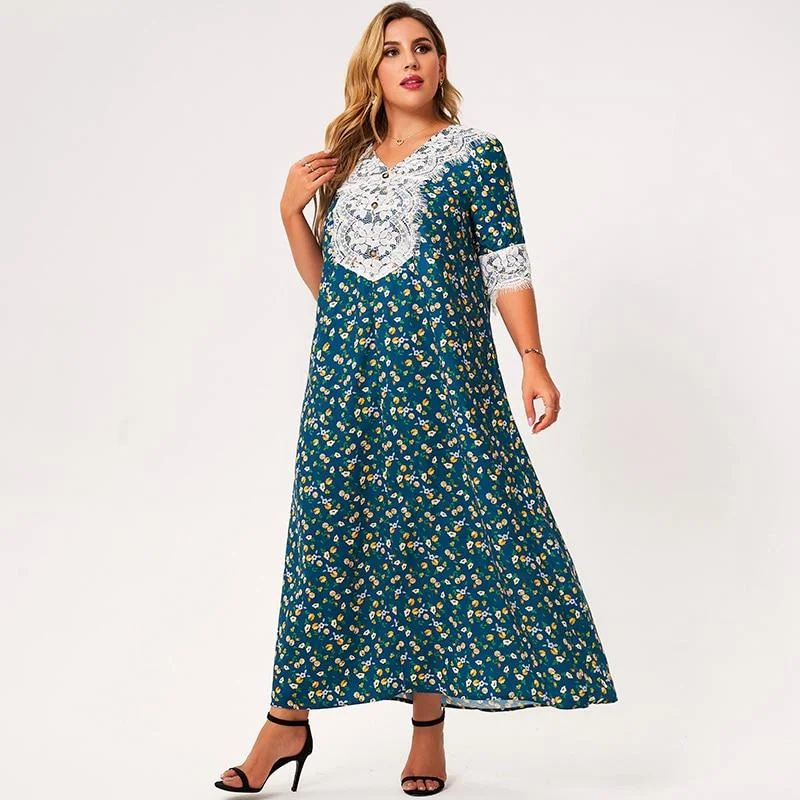 FashionSierra - Maxi Dress Women Plus Size Lake Blue Loose Floral Print Lace Tassel Half Sleeve Button Holiday Party Large Robes Fashionable Off-Shoulder Maxi Dress