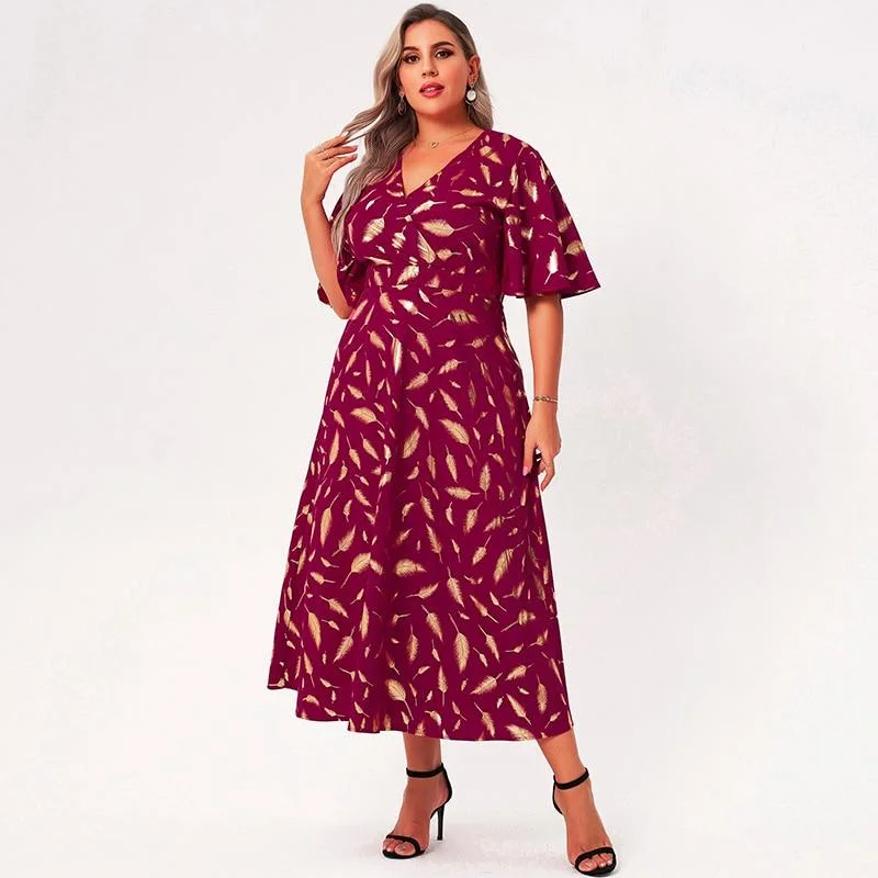 FashionSierra - Summer Maxi Dress Women Plus Size Red Loose Plant Floral Print Slim Ruffle Short Sleeve Large Holiday Style Party Robes Trendy Maxi Dress with Belt