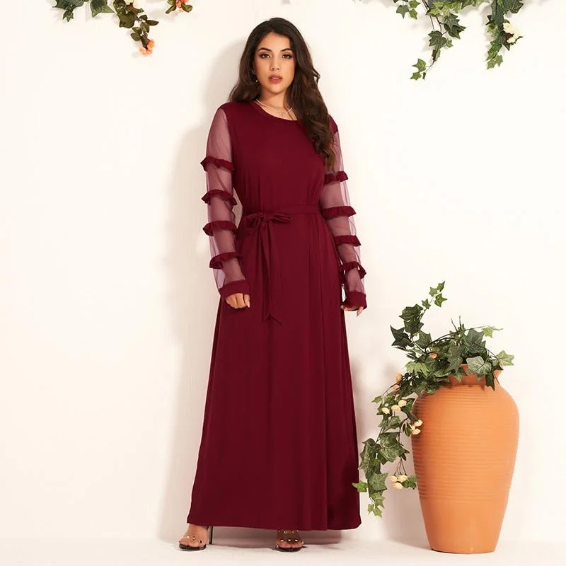 FashionSierra - New Summer Women Party Dress Elegant Burgundy Long Dress Sexy Mesh Ruffle Long Sleeve Belted Maxi Dresses Retro Vestido Fashionable Asymmetrical Maxi Dress