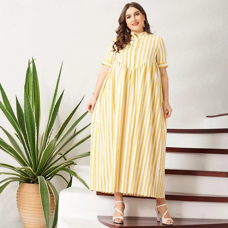 FashionSierra - New Summer Women Yellow Striped Long Dress Button Short-Sleeve Maxi Dress Plus Size Dress Casual Loose Fat Large Dresses Trendy Floral Print Maxi Dress