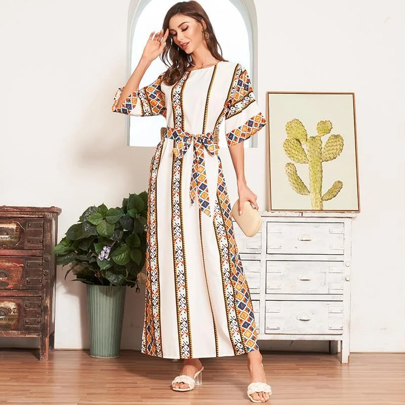 FashionSierra - New Women Summer Boho Long Dress White Fashion Tribal Print Batwing Half Sleeve Belted Kaftan Holiday Style Maxi Dresses Trendy Maxi Dress with Belt