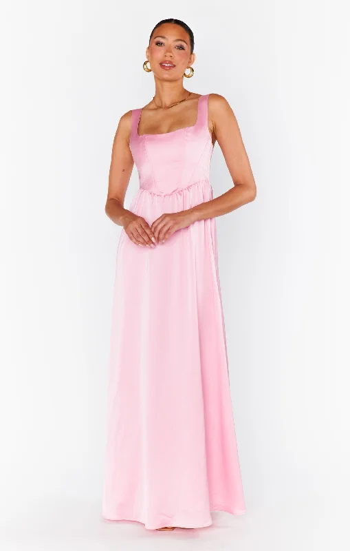 Nina Maxi Dress ~ Light Pink Luxe Satin Stylish V-Neck Maxi Dress