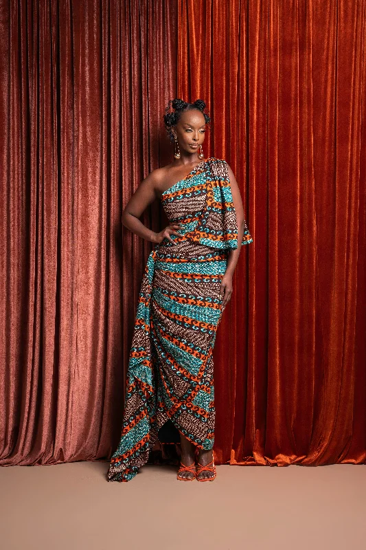 NNEKA African Print One Sleeve Drape Maxi Dress Elegant Lace-Up Maxi Dress