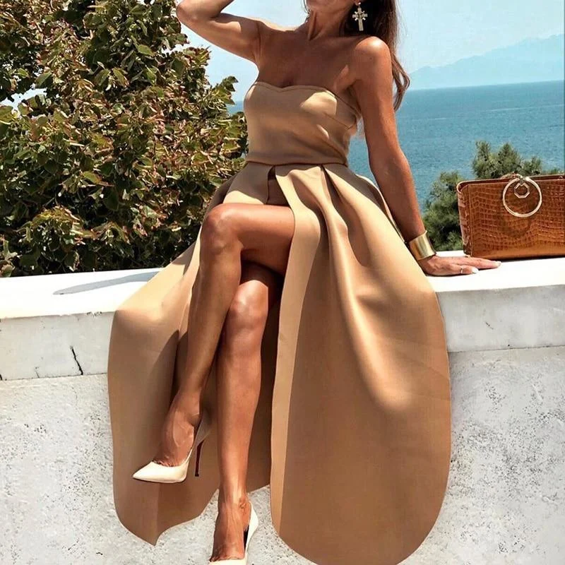 FashionSierra - Off Shoulder Party Dress Women Solid Khaki Strapless Dress Elegant Back Zipper Slit Holiday Maxi Dresses High Slit Vestido Mujer Chic Button-Up Maxi Dress