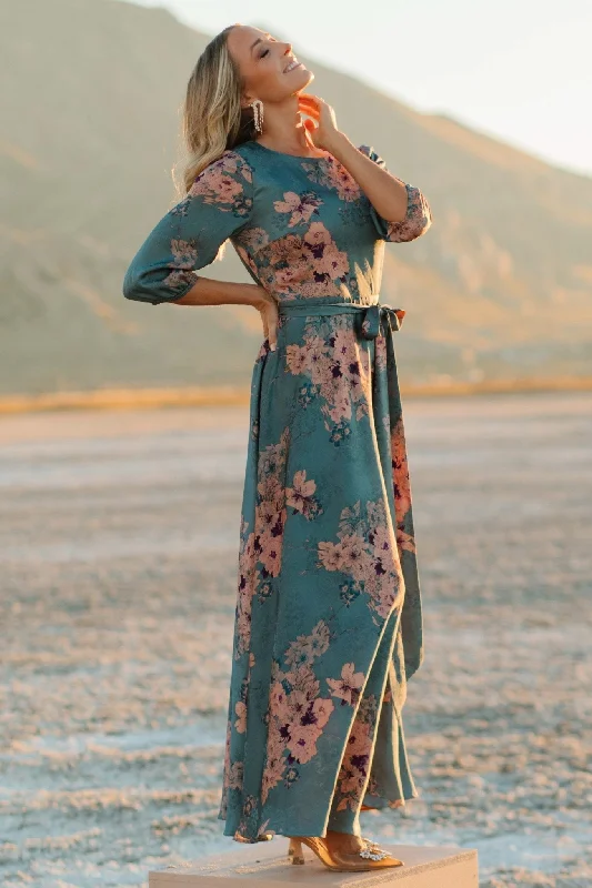 Paula Satin Maxi Dress | Blue + Pink Multi Stylish Longline Maxi Dress