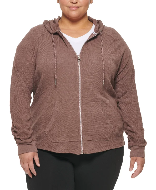 Plus Size Ruched-Sleeve Zip Hoodie Hoodie with Ribbed Hem Stretchable Secure