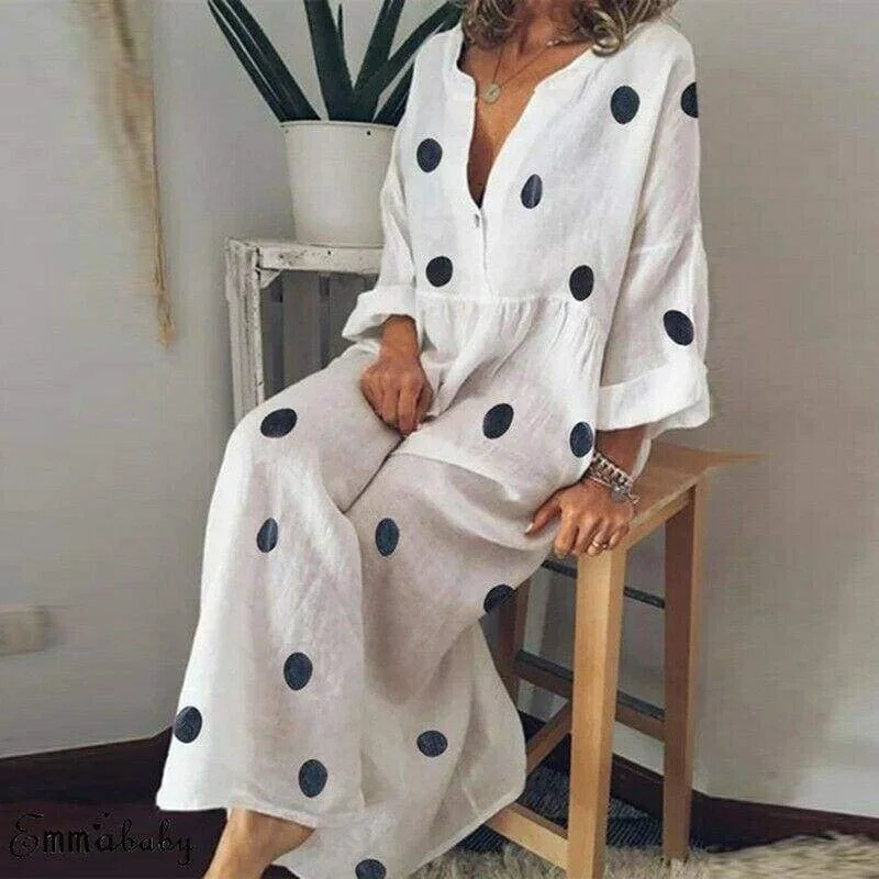 FashionSierra - Plus Size Women Boho V-neck Long Shirt Dress Ladies Long Sleeve Casual Summer Holiday Polka Dot Loose Maxi Dress Cozy Wrap Maxi Dress