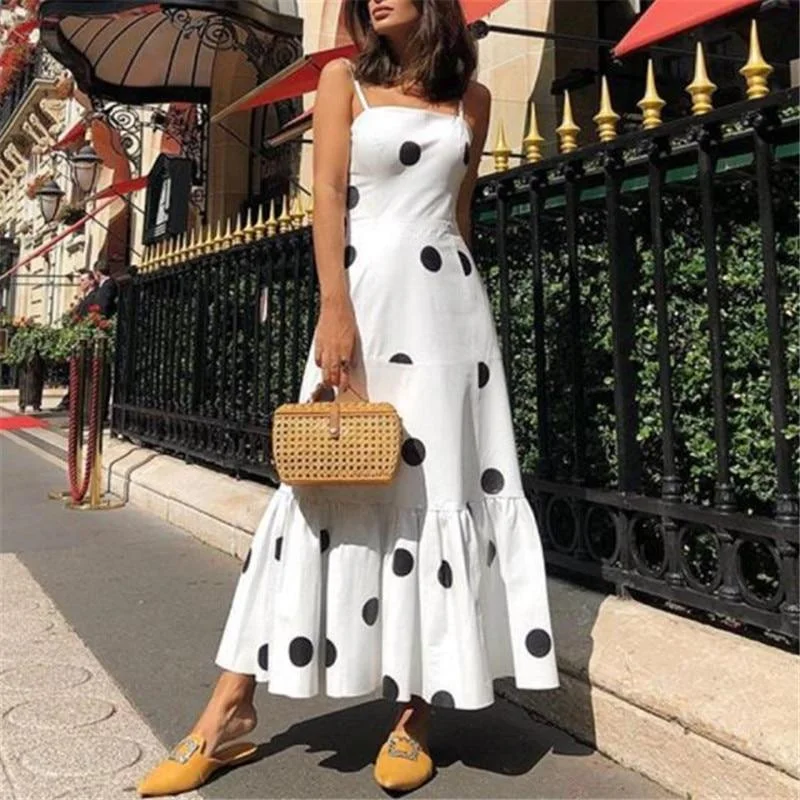 FashionSierra - Polka dot long maxi dress Summer sleeveless ruffles women dress Big dots casaul bohemian dresses Boho beach vestidos mujer Fashionable Chiffon Maxi Dress