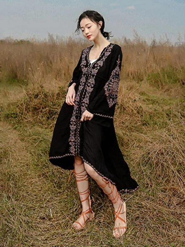 Ramie Cotton Embroidered Flared Sleeves V-neck Maxi Dress Fashionable High-Waist Maxi Dress