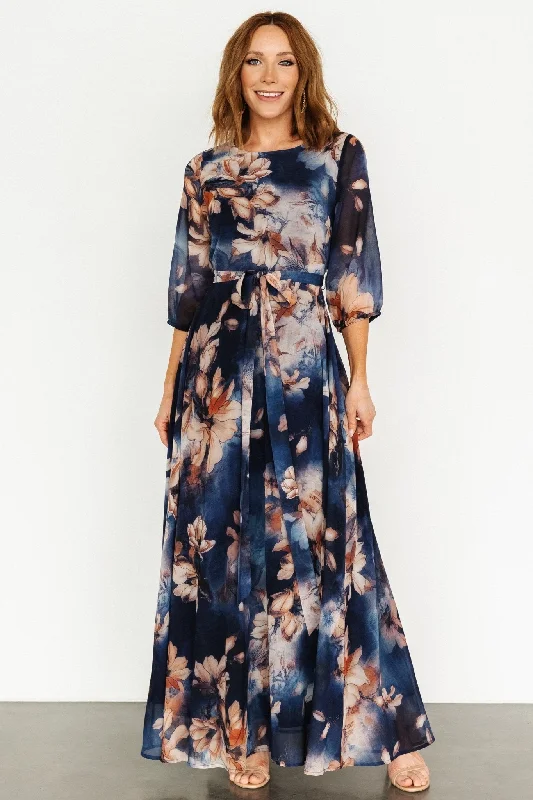 Rebecca Maxi Dress | Dark Blue Floral Comfortable Plunging Neckline Maxi Dress