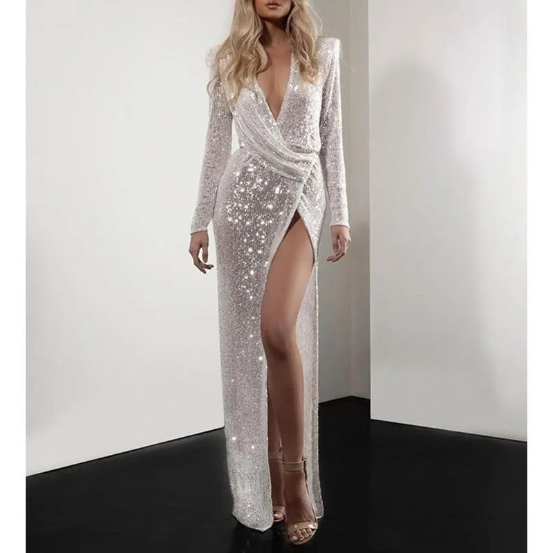 FashionSierra - Ruched desiged sequined dress women long sleeve party dress Elegant split long maxi dresses autumn sequin robe femme Cozy Open-Back Maxi Dress