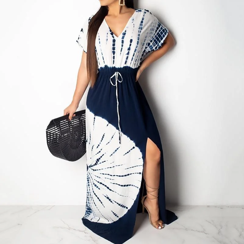 FashionSierra - Side split lace up long dress Women short sleeve v neck summer beach dress Vintage print maxi dresses robe femme vestidos Fashionable Button-Down Maxi Dress