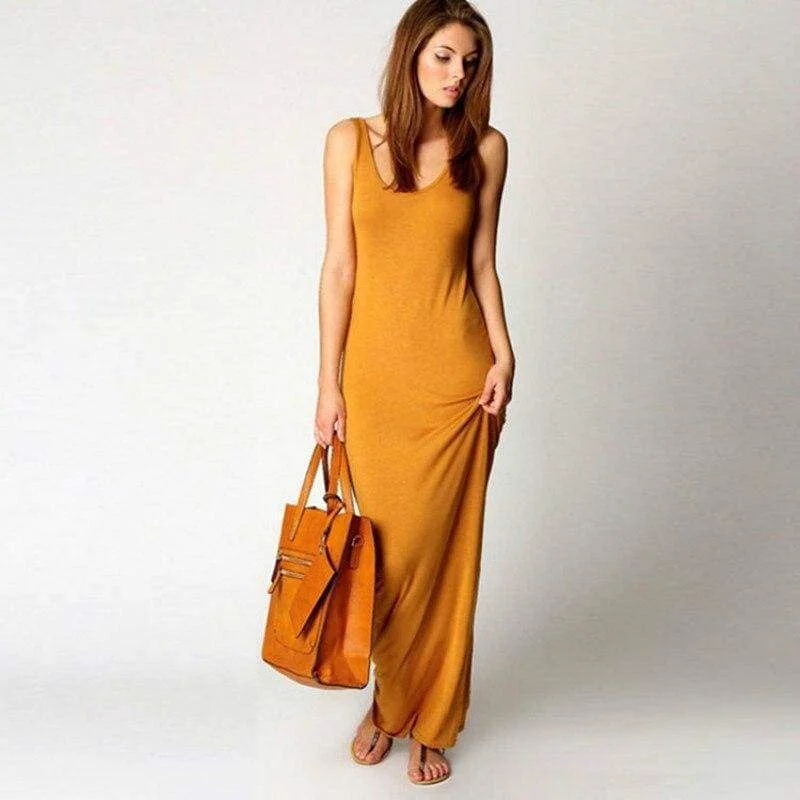 FashionSierra - Slim Maxi Dress Stretch Tank Robe Thin Long Dress O-Neck Sleeveless Classic V-Neck Maxi Dress