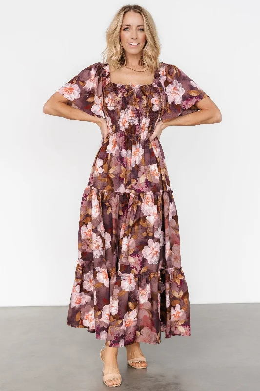 Southampton Smocked Maxi Dress | Brown Floral Stylish V-Neck Maxi Dress