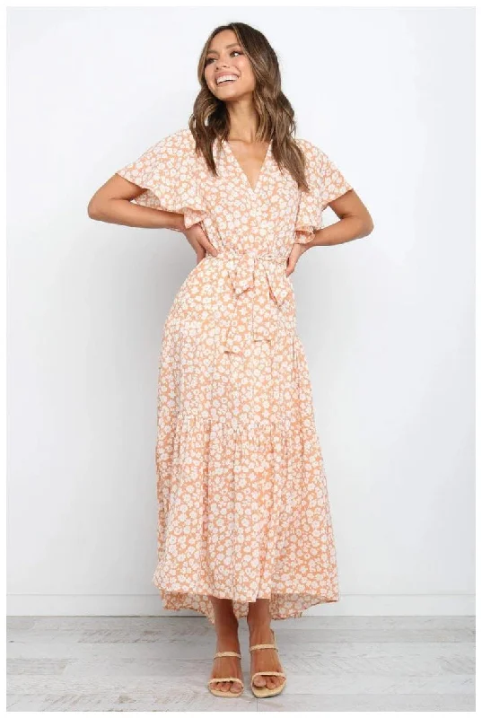 Floral  Maxi Dress - Marigold Fashionable Chiffon Tiered Maxi Dress