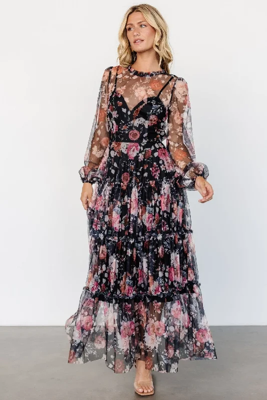 Stephanie Tiered Maxi Dress | Black Floral Classic Tulle Maxi Dress