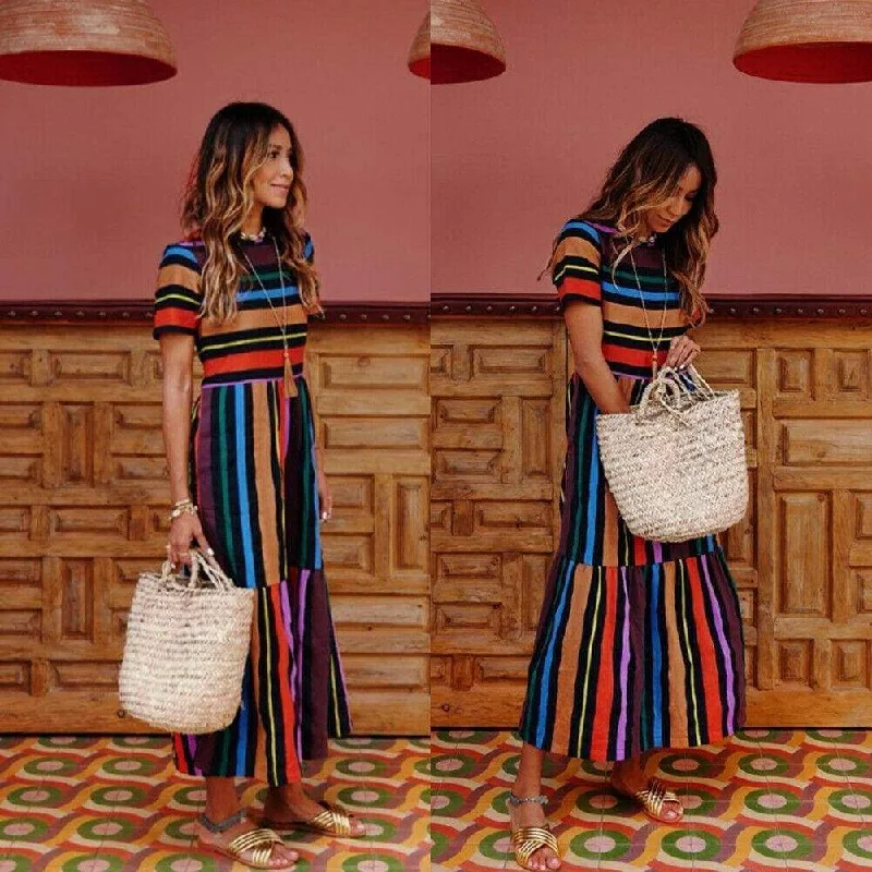 FashionSierra - Summer Holiday Dress Women Stripe Boho Short Sleeve Long Maxi Dress New Ladies Casual Beach Sundress Trendy Maxi Dress with Belt