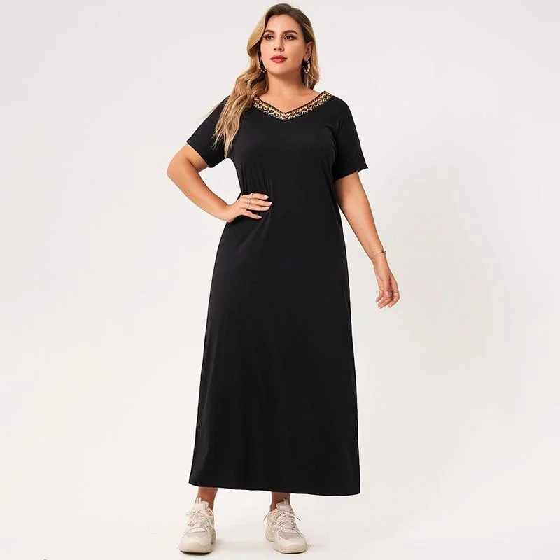 FashionSierra - Summer Long Dress Plus Size Women Black Solid Color Webbing V-neck Short-sleeved Loose Casual Party Large Maxi Dresses Stylish Empire Waist Maxi Dress