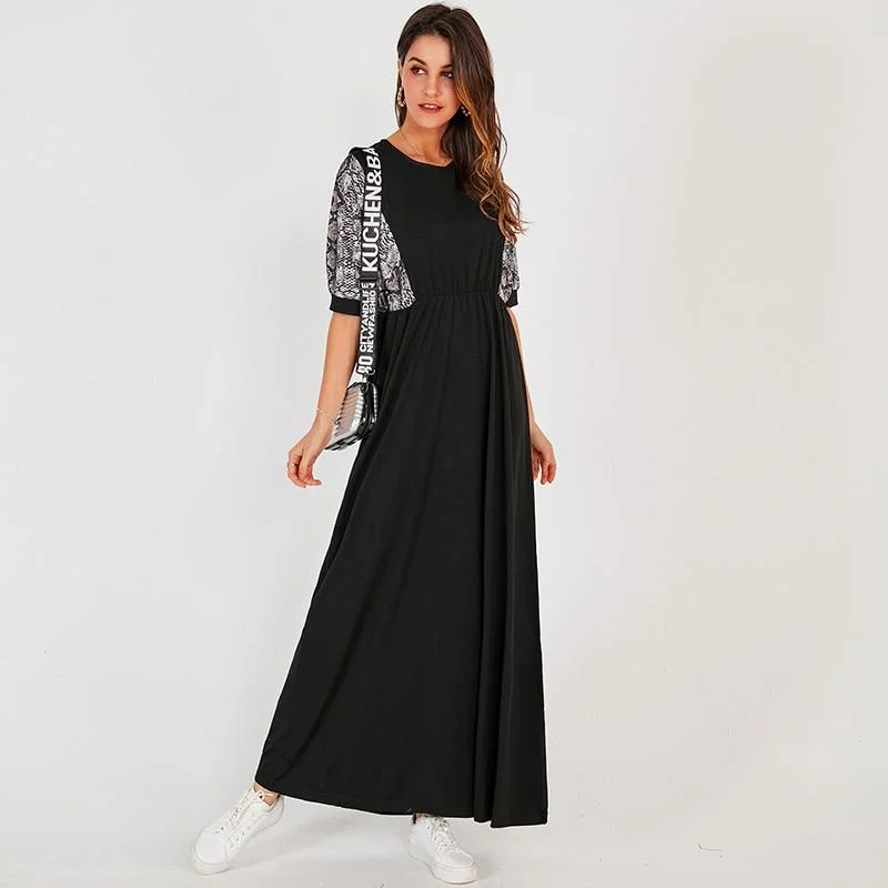 FashionSierra - Summer New Women Long Dress Black Casual Fashion Snake Print Stitching Elastic Waist O-neck Half Sleeve Maxi Dresses Robe Fashionable Halter Neck Maxi Dress