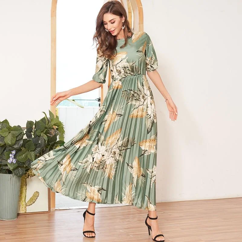 FashionSierra - Tropical Pleated Dress Women Summer Lantern Sleeve Floral Print Satin Dress A-line Holiday Dresses Ladies Maxi Dress Fashionable Maxi Dress with Fringe