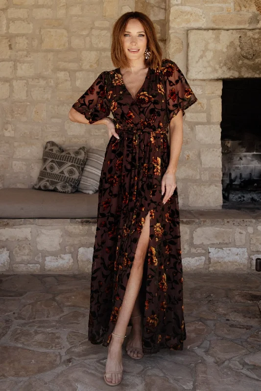 Uma Velvet Maxi Dress | Clove + Amber Floral Comfortable Long-Sleeve Maxi Dress