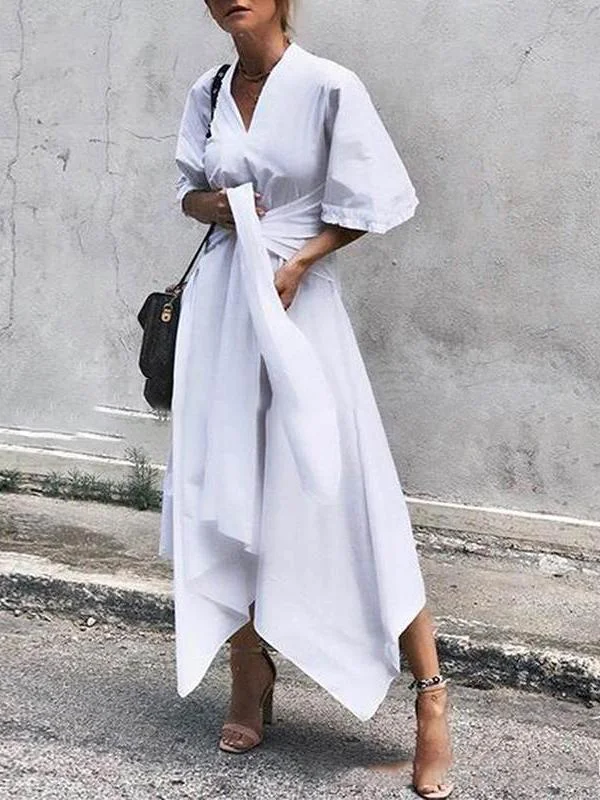 V-Neck Short Sleeve Irregular Maxi Dress Elegant Maxi Dress with Drapes