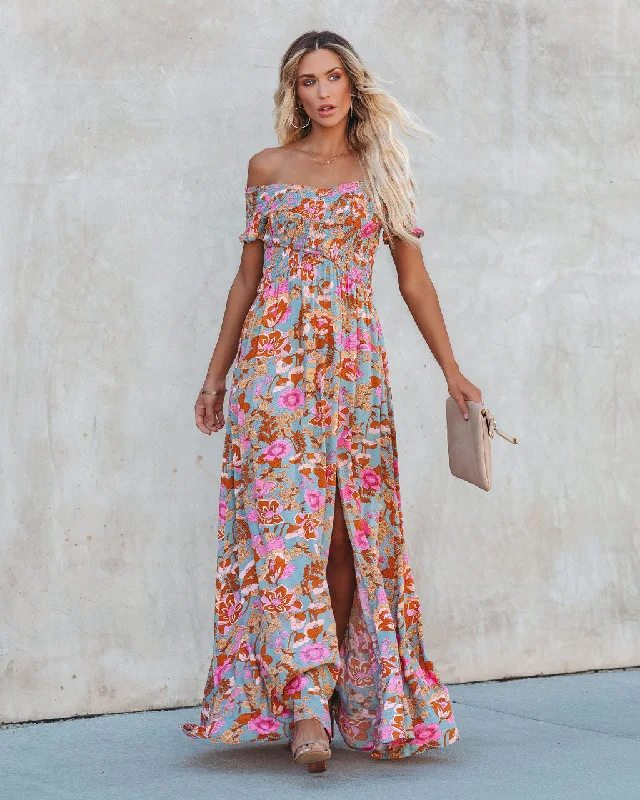 Vesna Floral Smocked Off The Shoulder Maxi Dress Elegant Pleated Maxi Dress