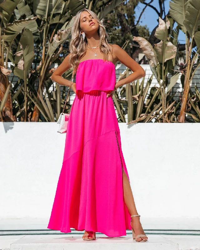 Vivid Strapless Slit Maxi Dress - Hot Pink Comfortable Cotton Maxi Dress