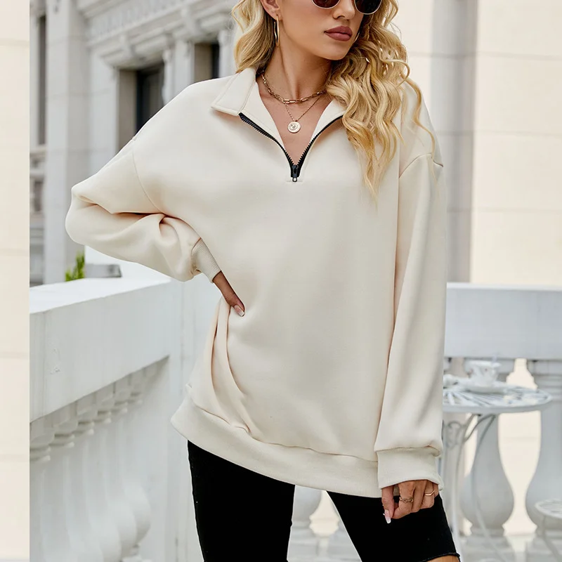 Women Autumn Winter Casual Half-Zipper Pullovers Long Sleeve Sweatshirts Hoodie with Monochrome Minimalist Simple