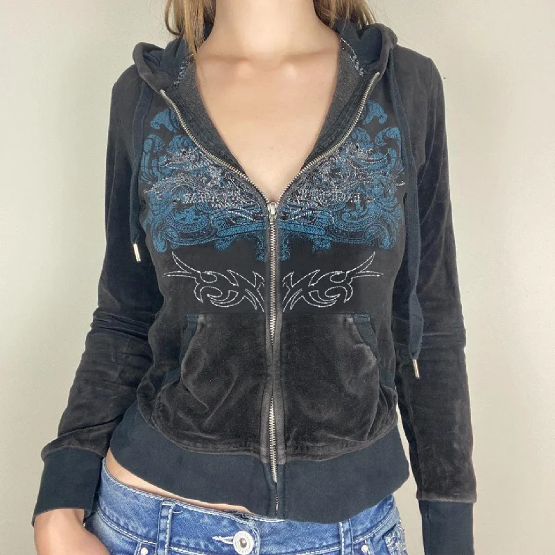 Women Autumn Winter Casual Printed Rhinestone Zipper Velvet Hoodie Hoodie with Raw Hem Edgy Unfinished