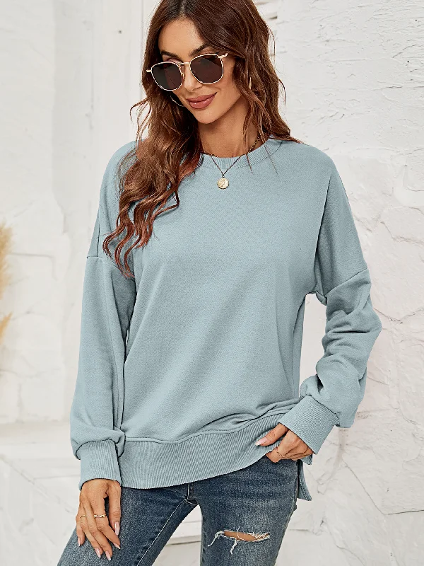 Women Autumn Winter Round Neck Long Sleeve Solid Basic Sweatshirt Hoodie with Back Slit Movement Comfort