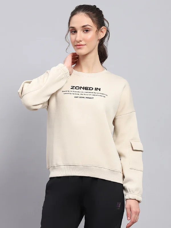 Women Beige Printed Round Neck Full Sleeve Sweatshirt Hoodie with Elastic Waist Stretchable Comfortable