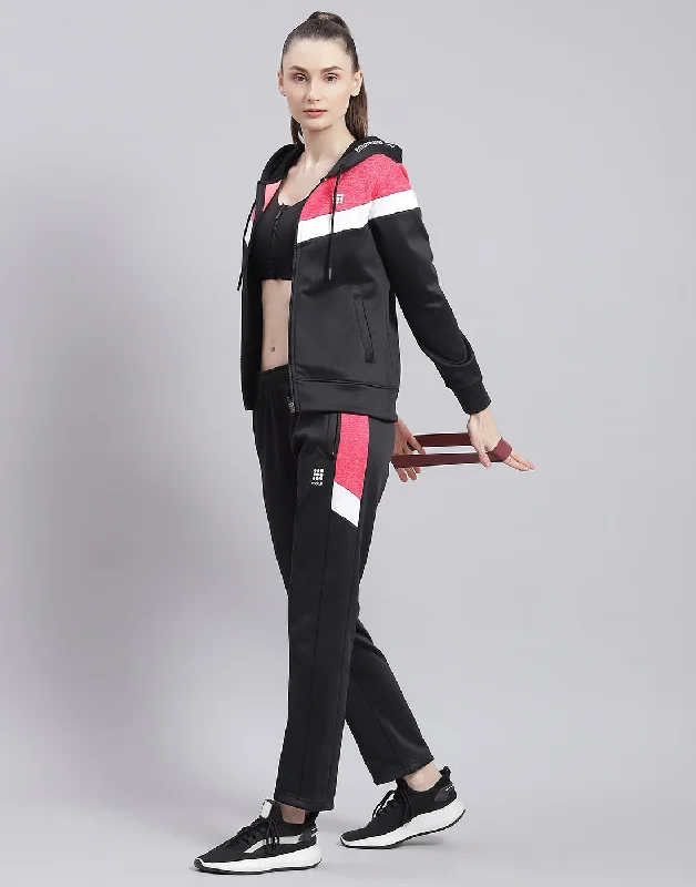 Women Black Solid Hooded Full Sleeve Tracksuit Hoodie with Rolled Sleeves Casual Relaxed