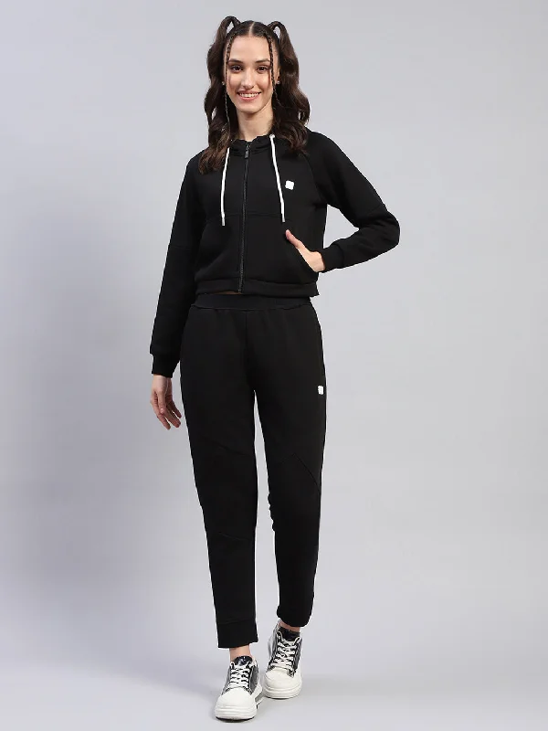 Women Black Solid Hooded Full Sleeve Tracksuit Hoodie with Relaxed Fit Easy Casual