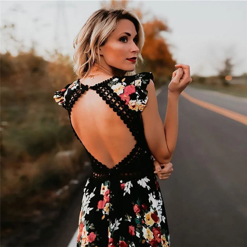 FashionSierra - Women Boho Backless Irregular Floral Pinted Dress Summer Deep V Trim Long Maxi Dresses Open Back Party Bohemian Vestidos Stylish Pleated A-Line Maxi Dress