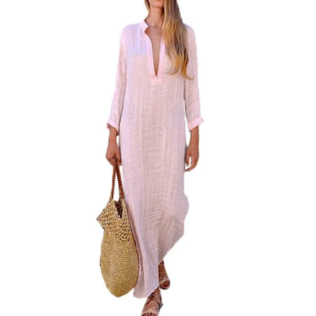 Women Boho Cotton Linen Maxi Dress Comfortable T-Shirt Maxi Dress