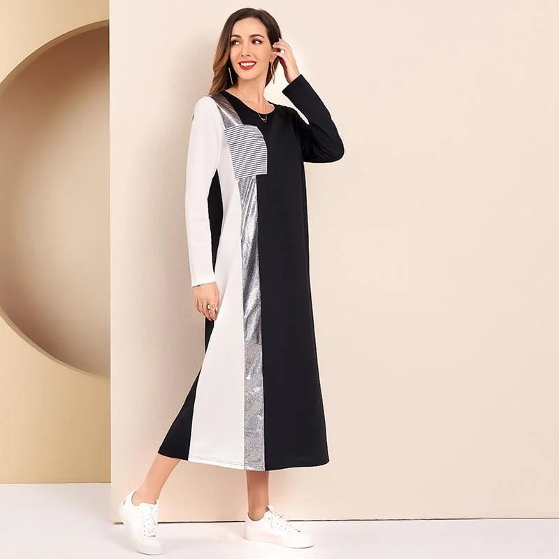 FashionSierra - Women Casual Dress Sequin Panel Colorblock O Neck Long Sleeve Maxi Dresses Trendy Ruffled Maxi Dress