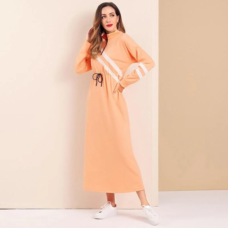 FashionSierra - Women Casual Dress Zip Half Placket Contrast Striped Drawstring Detail Dress Long Sleeve Maxi Dresses Autumn Chic Button-Up Maxi Dress