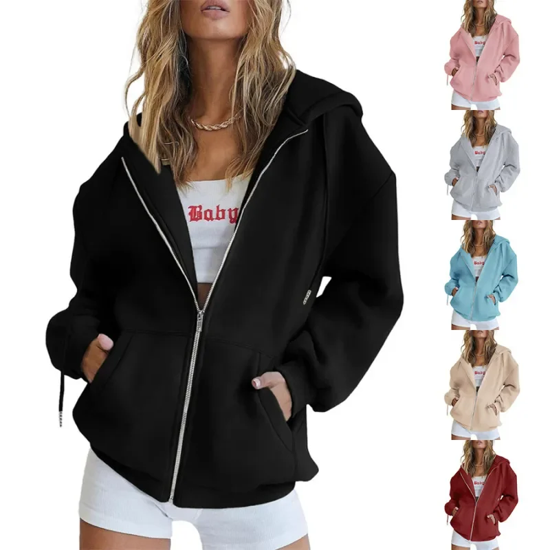 (Buy 1 Get 1) Women Casual Loose Zipper Long Sleeve Hooded Sweatshirt Jacket Hoodie with Hem Raw Edge Edgy Unfinished