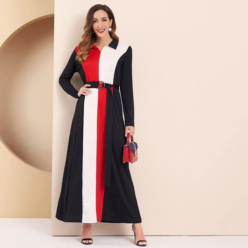 FashionSierra - Women Dress Office Lady Elegant Color Block Turn-down Collar Long Sleeve Belted Maxi Dress Trendy Maxi Dress with Straps