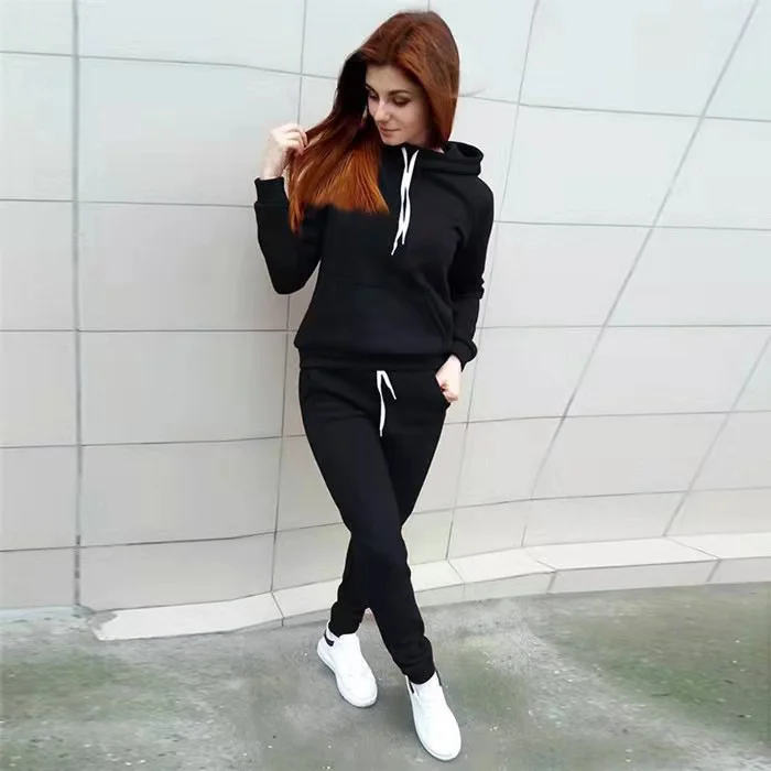 Women Fashion Cacsual Solid Color Pocket Hoodies Drawstring Defined Waist Pants Sports 2pcs Set Hoodie with Slim Fit Tailored Modern