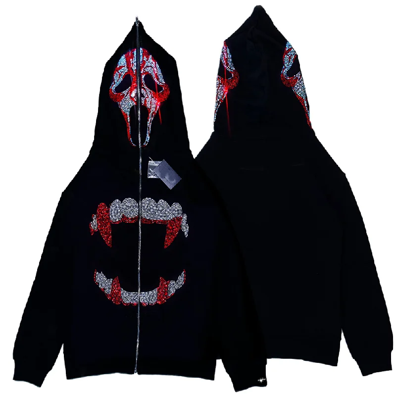 Women Fashion Y2k Edgy Rhinestone Shark Patter Hoodie Hoodie with Hem Applique Textured Unique