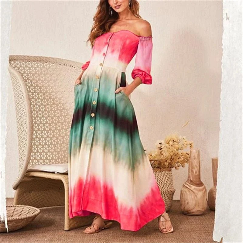 FashionSierra - Women Gradation Color Off Shoulder Long Dress Single Breasted Long Sleeve Maxi Dress with Pocket Casual Summer Beach Robe Femme Cozy Ruffle Sleeve Maxi Dress